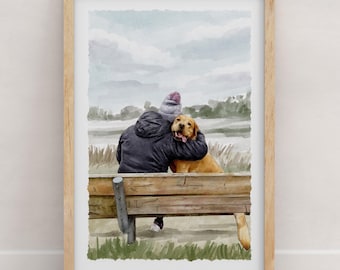 Könnte beinhalten: Aquarelldruck einer Person, die einen goldenen Labrador Retriever auf einer Holzbank umarmt. Das Kunstwerk ist in einem hellen Holzrahmen gerahmt. Der Hintergrund zeigt einen bewölkten Himmel und ein Feld.