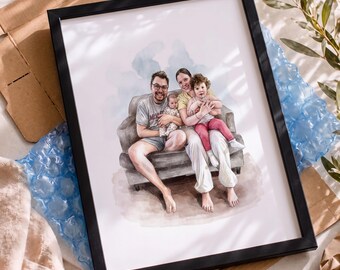 Personalized family portrait from photo , Custom watercolor painting, Handmade art print