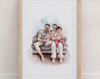 Personalized family portrait from photo , Custom watercolor painting, Handmade art print