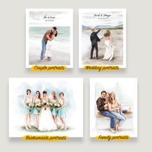 May include: Four watercolour-style art prints featuring custom portraits. One shows a couple on a beach, another a wedding couple, one a bride with four bridesmaids in teal dresses, and the last a family of four sitting together on a bench.