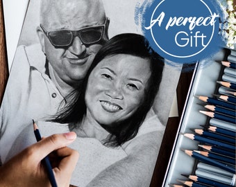 Portrait drawing from photo realistic drawing, Unique gift idea for parents, wife and husband and family, Custom pencil portrait gift