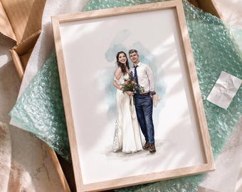 Handmade watercolour painting gift, Personalized wedding portrait from photo