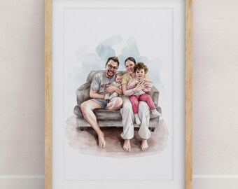 Custom Watercolor family portrait painting from photo , handmade illustration from photo, personalized art print