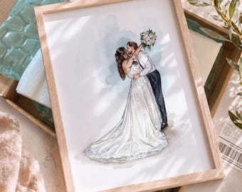 Handmade watercolour painting gift, Personalized wedding portrait from photo