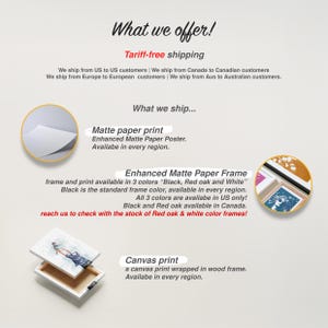 May include: An informational graphic titled What we offer! and What we ship... detailing product options including a matte paper print, an enhanced matte paper frame available in black, red oak, and white, and a canvas print wrapped in a wood frame.