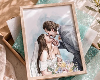 Handmade watercolour painting gift, Personalized wedding portrait from photo