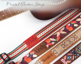 Engraved Leather Guitar Strap, Personalized Patterned Strap, Custom Gift for Guitarist Musician, Adjustable Acoustic & Electric Guitar Strap