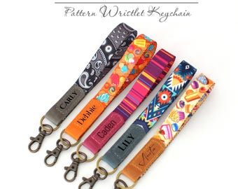 Personalized Patterned Wristlet Keychain with Engraved Leather Tag, Custom Print Nylon Keyring, Wrist Lanyard Key Holder, Bridesmaid Gift