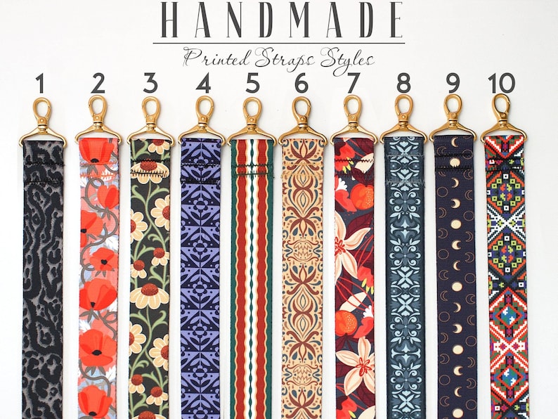 May include: Ten different styles of printed fabric straps with gold metal clasps. The straps are numbered 1 through 10.  HANDMADE Printed Straps Styles.