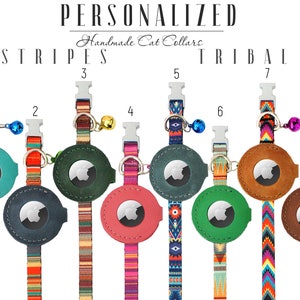 May include: Eight personalized cat collars with different patterns. The collars are made of fabric and have a leather-like tag with a clear window for an ID tag. The collars are labeled with numbers 1 through 8. The collars are labeled "Stripes" and "Tribal".