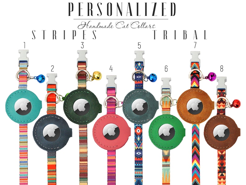 May include: Eight personalized cat collars with different patterns. The collars are made of fabric and have a leather-like tag with a clear window for an ID tag. The collars are labeled with numbers 1 through 8. The collars are labeled "Stripes" and "Tribal".