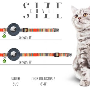 May include: A colorful cat collar with a safety breakaway buckle and a bell. The collar is adjustable from 8 to 11 inches and is 3/8 inches wide. The collar has a round, gray, leather tag with a clear window for an ID tag. The collar is shown on a gray tabby cat.