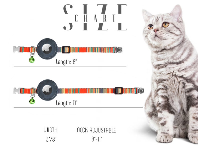 May include: A colorful cat collar with a safety breakaway buckle and a bell. The collar is adjustable from 8 to 11 inches and is 3/8 inches wide. The collar has a round, gray, leather tag with a clear window for an ID tag. The collar is shown on a gray tabby cat.