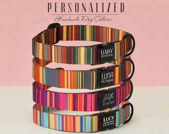 Personalized Dog Collar Striped, Custom Dog Collars with Engraved Metal Buckle, Mexican Serape Dog Collar for Small Medium Large Dogs