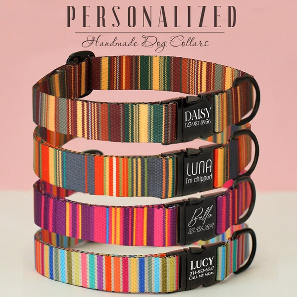 Personalized Dog Collar Striped, Custom Dog Collars with Engraved Metal Buckle, Mexican Serape Dog Collar for Small Medium Large Dogs