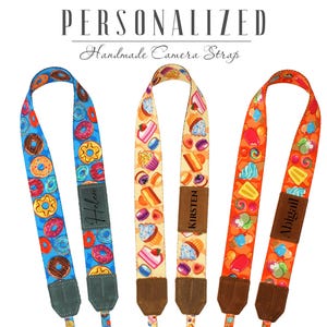 Courroie d&#39;appareil photo personnalisée, Courroie d&#39;appareil photo personnalisée pour femme, Courroie de cou d&#39;appareil photo en nylon imprimé et en cuir rembourrée, Cadeaux de voyage pour photographe