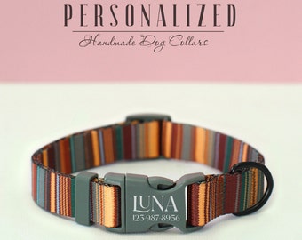 Gray Striped Dog Collar with Engraved Name, Personalized Dog Collars for Male and Female Dogs, Dark Style Dog Collar, Customized Puppy Gift