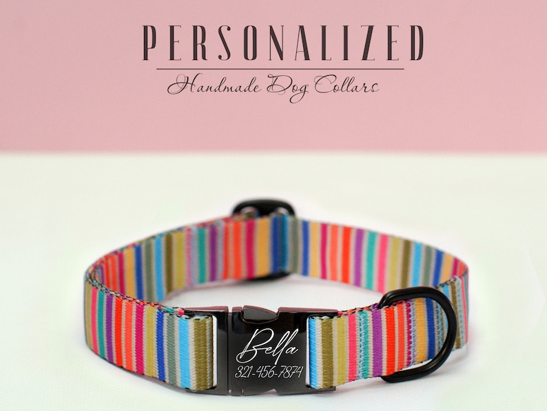 K&ouml;nnte beinhalten: Ein farbenfrohes gestreiftes Hundehalsband mit einer schwarzen Schnalle und einem personalisierten Anh&auml;nger mit der Aufschrift "Bella 321-456-7874".