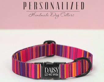 Rosa Streifen Hundehalsband, süßes Hundehalsband personalisiert, Mädchen Hundehalsband mit individuell gravierter Schnalle, bunte Muster Hundehalsband mit Leine