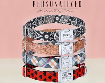 Personalisiertes Hundehalsband mit individuell gravierter Metallschnalle, einzigartig gemustertes Nylon-Hundehalsband und Leinen-Set, niedliche Herzen Haustier-Halsbänder für Hunde
