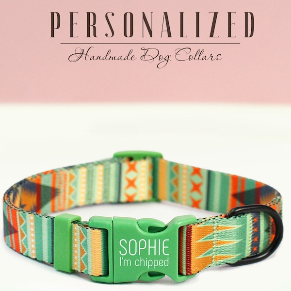 Green Mexican Print Dog Collar Personalized, Southwest Dog Collars for Small Medium Large Dogs, Unique Tribal Design Dog Collar and Leash