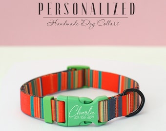Orange Striped Dog Collar with Green Engraved Buckle, Custom Dog Collar, Personalized Dog Collar, Nylon Dog Collar and Matching Leash Set