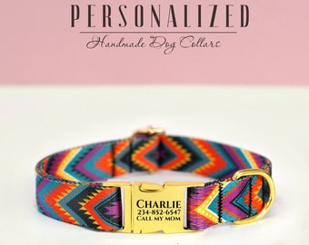Indigenous Patterns Dog Collar Personalized, Colorful Geometric Ethnic Dog Collars for Small Medium Large Dogs, Custom Puppy Collar
