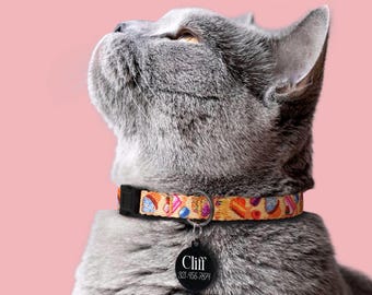 Custom Cat Collar - 11 Availible Unique Patterns, Personalized Cat Collar Breakaway, Adjustable Lightweight Kitten Collars, Cat ID Tag