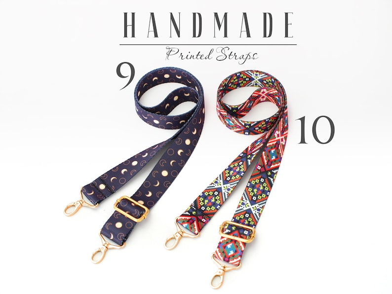 May include: Two handmade printed straps, one with a moon and star pattern in navy blue and white, and the other with a colorful geometric pattern. The straps are both adjustable and have gold hardware.