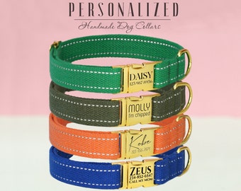 Collar de perro de algodón reflectante con hebilla grabada, collares de perro personalizados para perros pequeños medianos grandes, collar de perro personalizado y juego de correa