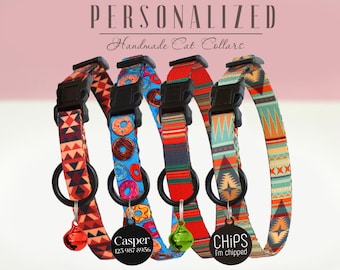 Cat Collar Personalized, Custom Nylon Cat Collar Patterned, Adjustable Cat Collar Breakaway Buckle, Engraved Kitten Collar