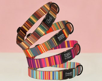 Nylon Webbing Dog Collar with Metal Buckle in 4 Different Striped Patterns, Custom Engraved Name Dog Collar, Personalized Dog Collar + Leash
