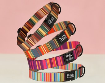 Hundehalsband aus Nylonband mit Metallschnalle in 4 Verschiedenen Streifenmustern, Hundehalsband mit Gravur, Personalisiertes Hundehalsband + Leine