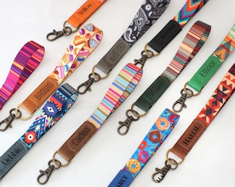 Unique Printed Nylon Keychain with Leather Part & Keyring, Personalized Wristlet Keychain for Keys, Custom Strap Key Ring, New Car Gift