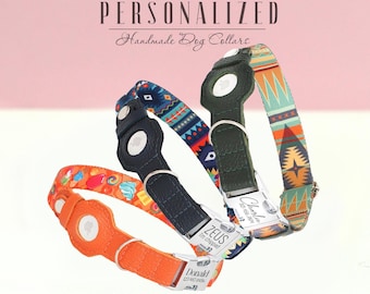 Personalized AirTag Dog Collar, Custom Leather & Nylon Dog ID Collar with AirTag Holder, Pattern Design Dog Collars, Optional Matching Leash