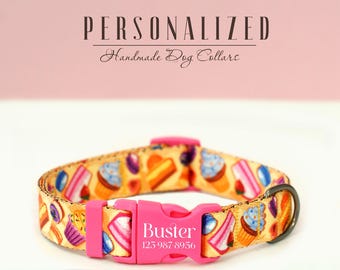Light Colored Dog Collars in Pastry Prints, Personalized Dog Collar w/ Pink Buckle, Cute Girl Dog Collar, Adjustable Soft Nylon Puppy Collar