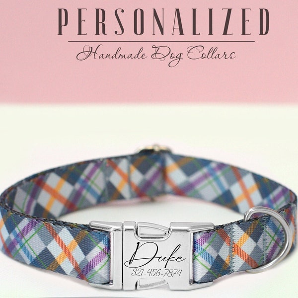 Personalisierte Scottish Plaid Hundehalsband, Tartan Print Hundehalsband Gravierte Name Schnalle, Einzigartige Paisley Muster Hundehalsbänder, Hundehalsband & Leine