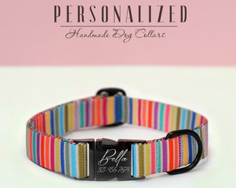 Blue Striped Dog Collar, Personalized Dog Collars, Boy Dog Collar with Matching Leash Option, Mexican Serape Pattern Dog Collar