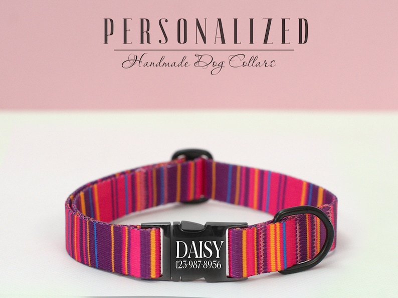K&ouml;nnte beinhalten: Personalisiertes Hundehalsband mit einem bunten Streifenmuster in Pink, Lila, Orange und Blau. Das Halsband hat eine schwarze Schnalle mit einer silbernen Plakette, auf der "DAISY 123-987-8956" steht.