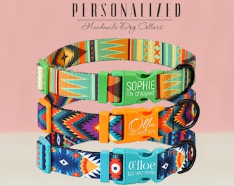 Unique Tribal Dog Collar with Custom Engraved Name, Adjustable Dog Collars for Small Medium Large Dogs, Personalize Nylon Webbing Pup Collar