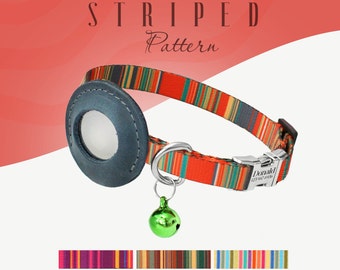 Striped AirTag Cat Collar with Engraved Name Buckle and Bell, Soft Lightweight Pet Collars for Boy Girl Cats Kittens Puppies, GPS Cat Collar