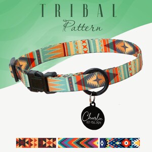 May include: A turquoise, orange and brown patterned dog collar with a black buckle and a black tag that says "Charlie" and a phone number. The collar has a tribal pattern.