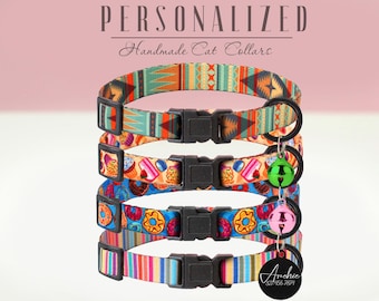 Kattenhalsband met felle print en kleurrijke bel, gepersonaliseerde afgescheiden kattenhalsband, aangepast patroon kittenhalsband, veilige kattenhalsband met ID-tag
