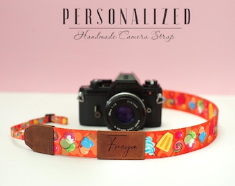 Engraved Orange Camera Strap Ice Cream Design, Custom Camera Straps for Him and Her, Holiday Camera Strap Personalized, Photography Gear