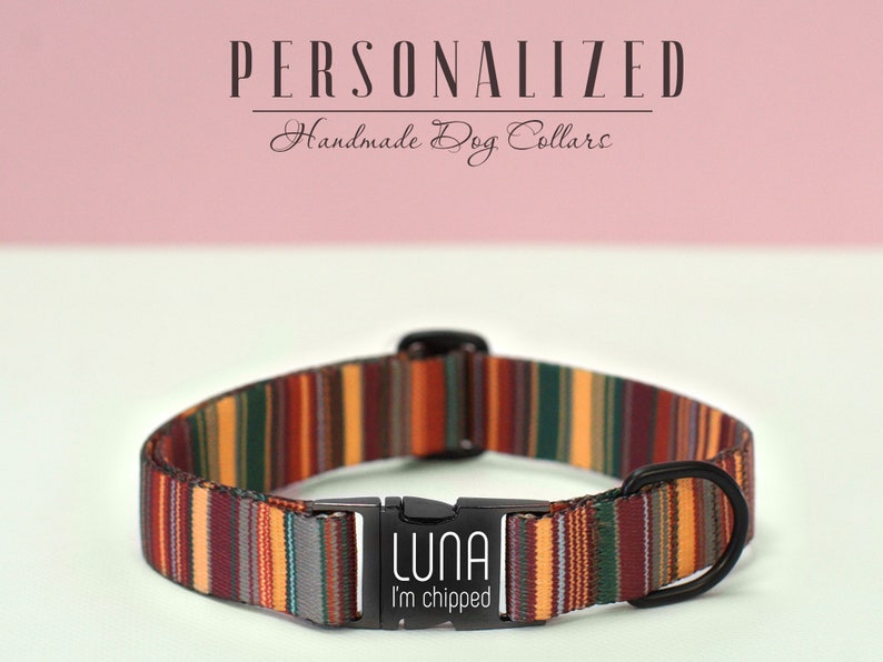 K&ouml;nnte beinhalten: Ein personalisiertes Hundehalsband mit einem gestreiften Muster in Rot-, Orange-, Gelb-, Gr&uuml;n- und Graut&ouml;nen. Das Halsband hat eine schwarze Schnalle und ein schwarzes Metallschild mit der Aufschrift "LUNA I'm chipped".