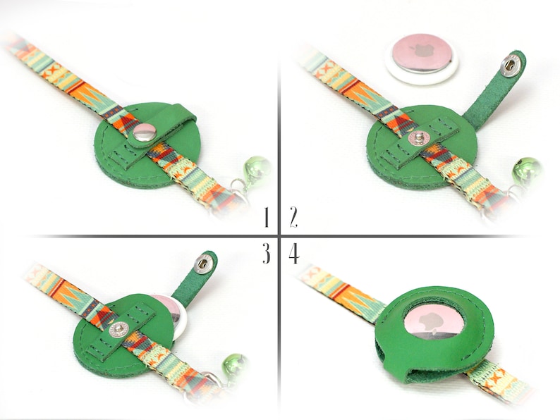 May include: A green leather collar with a round, green leather pouch that opens to reveal a small, round, white disc with a pink apple logo. The collar has a colorful, geometric pattern.
