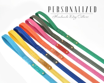 Durable Cotton Dog Leash with Reflective Parts, Personalized Dog Leash w/ Engraved Leather ID Tag, Custom Dog Lead w/ Handle, Puppy Leashes