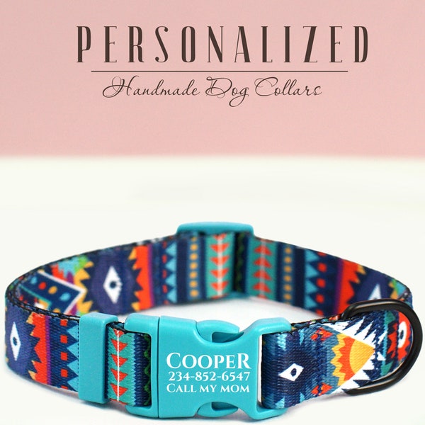 Blue Navajo Dog Collar, Custom Dog Collar with Engraved Leather Name Tag, Personalized Buckle Dog Collar, Boy Dog Collar Tribal, Pet Collars