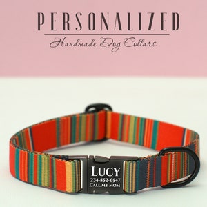 K&ouml;nnte beinhalten: Ein rot-gr&uuml;n-blaues gestreiftes Hundehalsband mit einer schwarzen Metallschnalle und einem personalisierten Anh&auml;nger mit der Aufschrift "LUCY 234-852-6547 CALL MY MOM".
