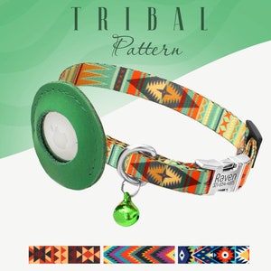 May include: A green cat collar with a tribal pattern and a silver buckle. The collar has a green leather breakaway safety buckle and a silver bell. The collar is available in three different tribal patterns.